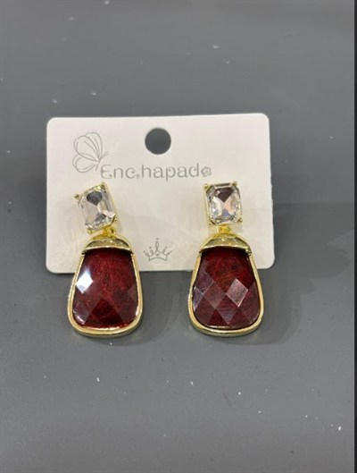 Toptan Çelik Küpe - Bordo Kristal Taşlı Geometrik Tasarım (Antialerjik)