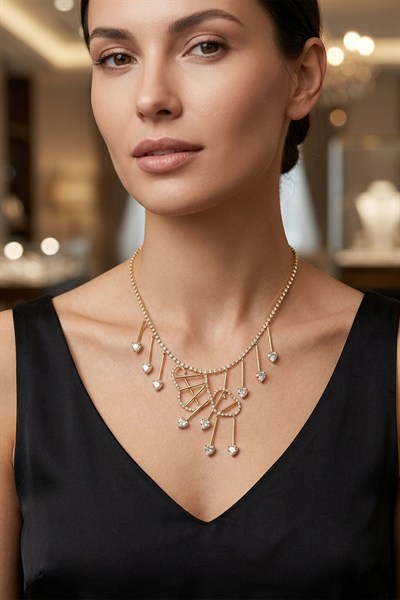 Toptan Çelik Sallantılı Kalp Zirkon Taşlı Shaker Model Kadın Kolye