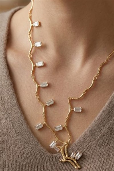 Toptan  Gold Baget Zirkon Taşlı Minimalist Kolye