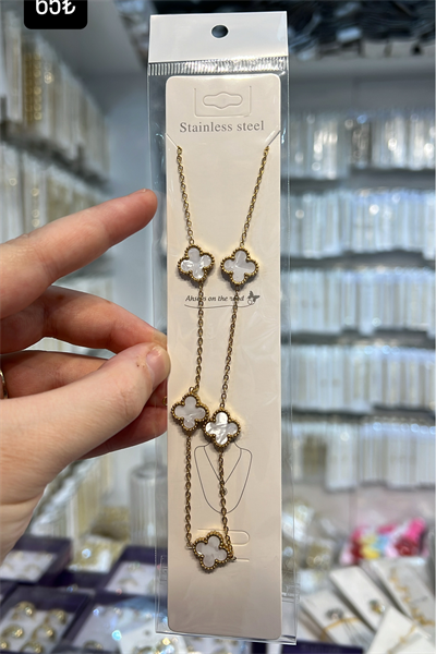 Toptan Gold Çelik Van Cleef Model Sedef Taşlı 5li Yonca Kolye