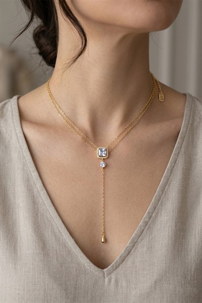 Toptan  Gold Dikey Çift Zirkon Taşlı Minimal Kolye