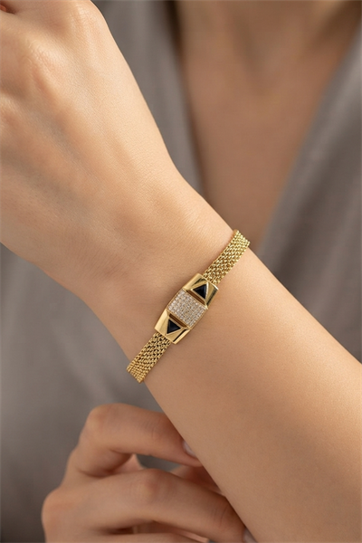 Toptan Kararmaz Çelik Siyah Detaylı Geometrik Zirkon Taşlı Bileklik