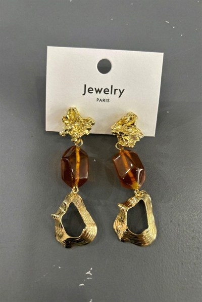 Toptan Kehribar Rengi Taşlı ve Dövme Dokulu Gold Küpe