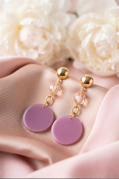 Toptan Lila Akrilik Disk ve Pembe Taşlı Sallantılı Model
