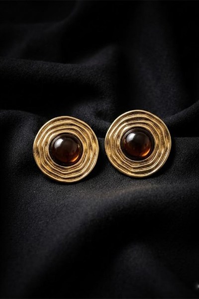 Toptan Vintage Gold Dairesel Burgu Model  Çelik Küpe - Siyah Taşlı