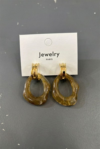 Toptan Vintage Tarzı Kahverengi Hareli Reçine Sarkıt Küpe