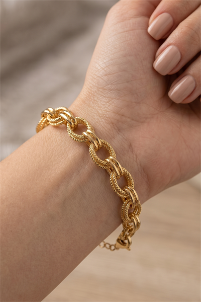 Toptan Xuping Gold Renk Dokulu Halka Zincir Kararmaz Çelik Bileklik