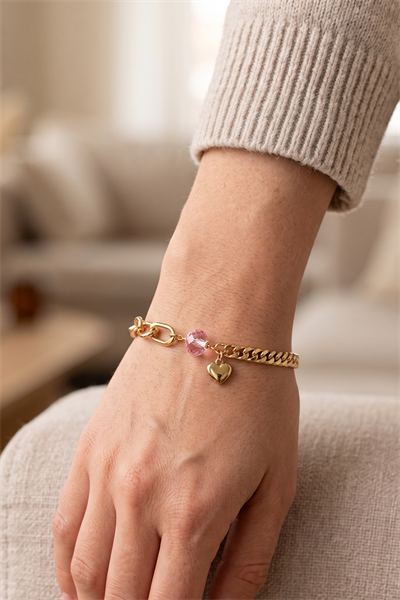 Toptan Xuping Pembe Kalp Taşlı Karışık Zincir Model Çelik Bileklik