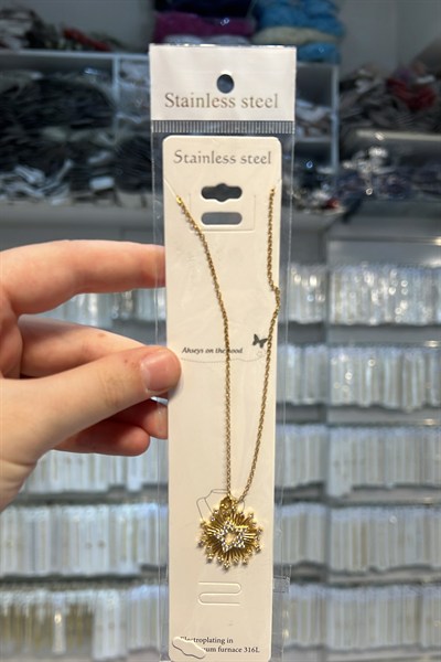 Toptan Zirkon Taşlı Güneş Model Çelik Kolye