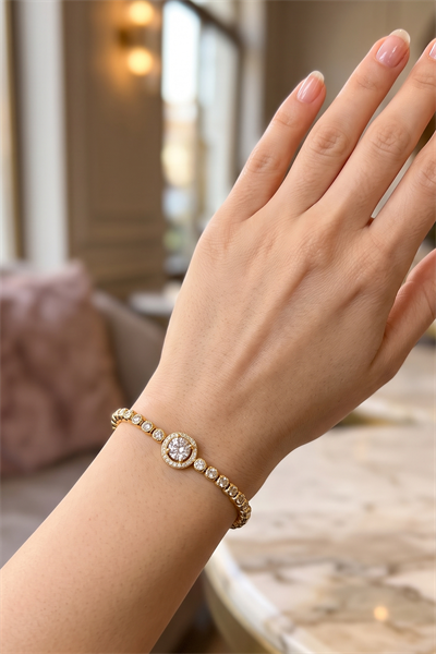 Toptan Zirkon Tek Taş Detaylı 316L Gold Çelik Su Yolu Bileklik