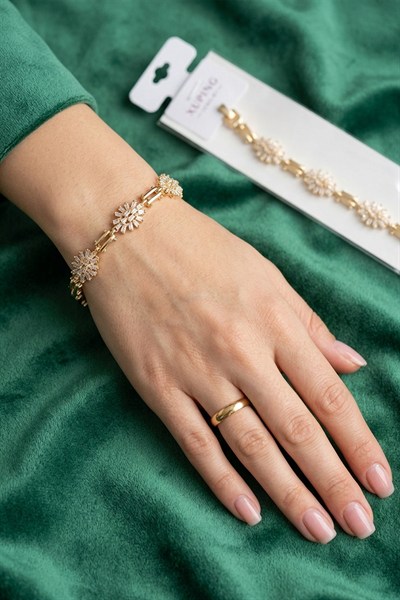 Xuping Toptan Baget Taşlı Çiçek Motifli Gold Bileklik