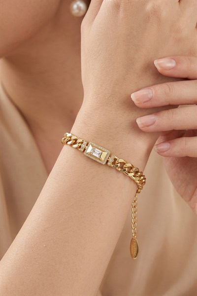 Xuping Toptan Gurmet Zincir Baget Taşlı Plaka Model Gold Bileklik