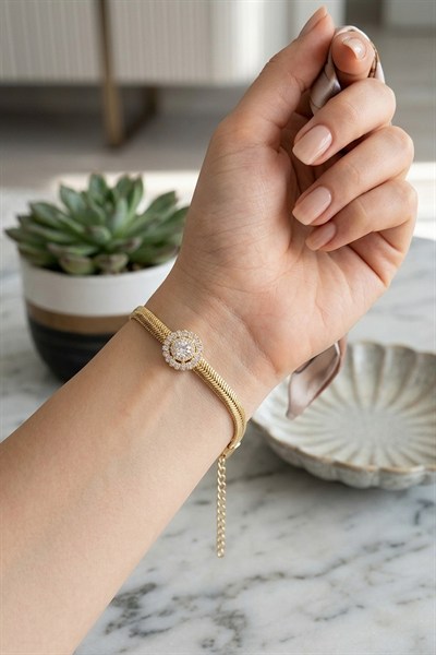Xuping Toptan İtalyan Ezme Zincir Zirkon Taşlı Damla Çiçek Bileklik