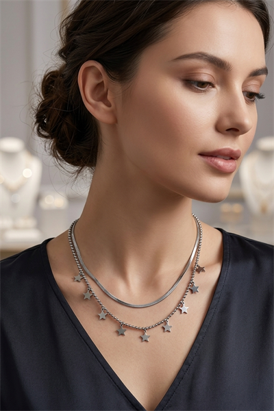 Yıldız Figürlü Stainless Steel İkili Zincir Kolye Toptan Satış