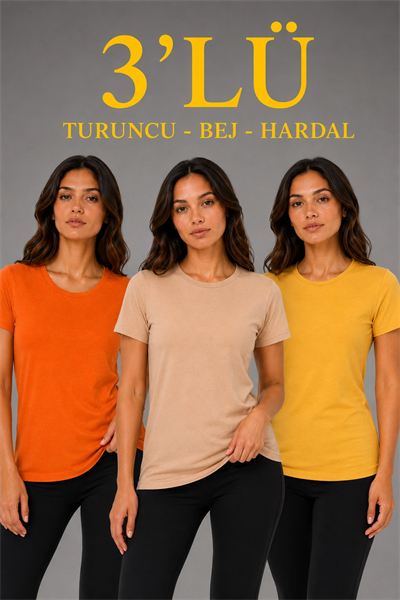 Kadın 3’lü Kısa Kollu Bisiklet Yaka Basic Slim Fit T-Shirt - Turuncu - Bej - Hardal