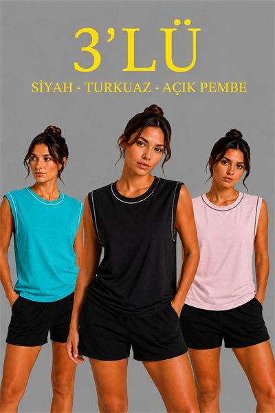 Kadın 3’lü Kolsuz Sporcu Atlet Seti Yazlık Bisiklet Yaka - Siyah, Turkuaz, Pembe