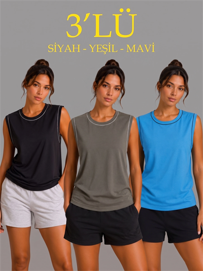 Kadın 3’lü Kolsuz Sporcu Atlet Seti Yazlık Bisiklet Yaka - Siyah, Haki, Mavi