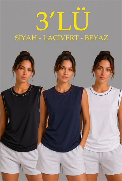 Kadın 3’lü Kolsuz Sporcu Atlet Seti Yazlık Bisiklet Yaka - Siyah, Lacivert, Beyaz