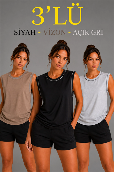 Kadın 3’lü Kolsuz Sporcu Atlet Seti Yazlık Bisiklet Yaka - Siyah, Kahverengi, Gri