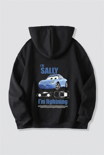 Sevgililer Günü Araba Temalı Baskılı Oversize Kapüşonlu Sweatshirt Hoodie - Siyah