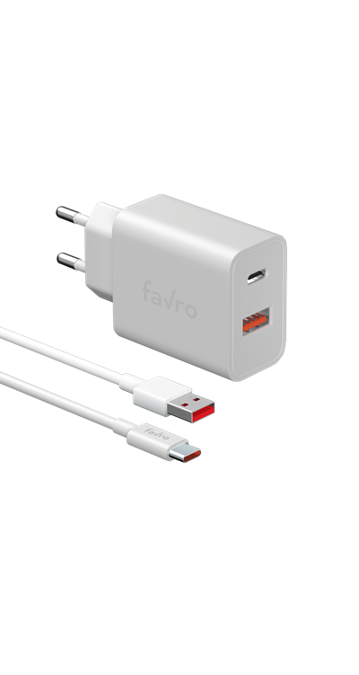 Favro 20W USB-C + USB-A PD Hızlı Şarj Adaptörü + USB-A to Type-C Şarj Kablosu