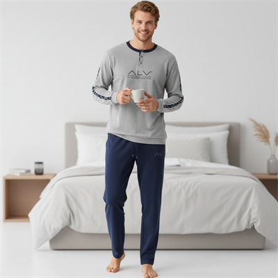 Erkek Pamuklu Gri Melanj - Lacivert Renk Pijama Takımı AL003 V2