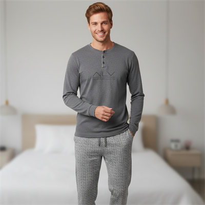 Erkek Pamuklu Gri Melanj Renk Pijama Takımı AL001 V2