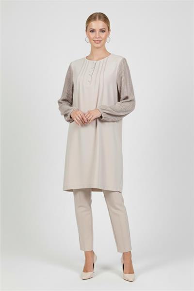2099 Newcarmen Kolları Büzgülü Tunik / BEJ