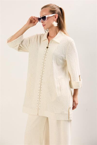 A30415 Aguaje Örme Desenli Taş Detaylı Kap / BEJ
