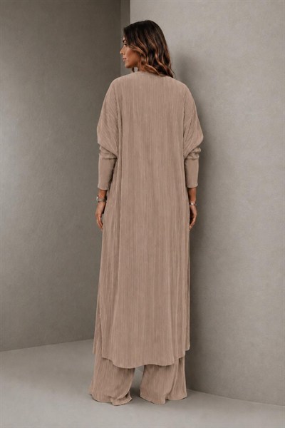 A40066 Aguaje Pilise Detaylı Bağlamalı  Tunik Pantolon Takım / CAMEL