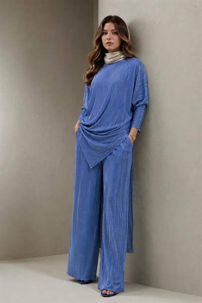 A40066 Aguaje Pilise Detaylı Bağlamalı  Tunik Pantolon Takım / MAVİ