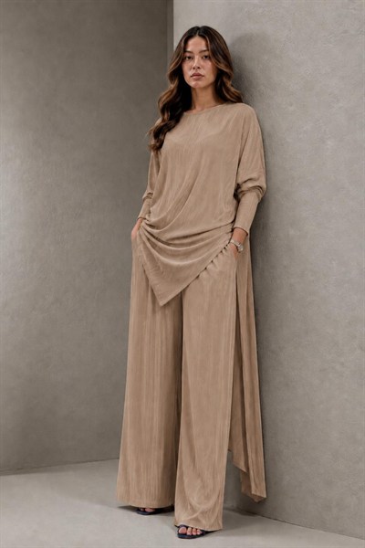 A40066 Aguaje Pilise Detaylı Bağlamalı  Tunik Pantolon Takım / CAMEL