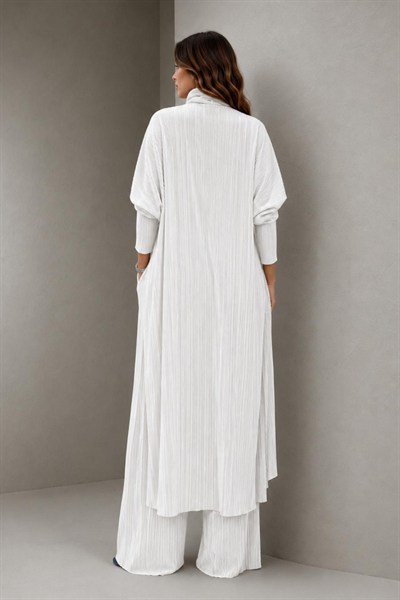 A40066 Aguaje Pilise Detaylı Bağlamalı  Tunik Pantolon Takım / BEYAZ