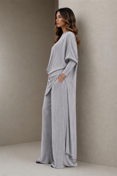A40066 Aguaje Pilise Detaylı Bağlamalı  Tunik Pantolon Takım / GRİ