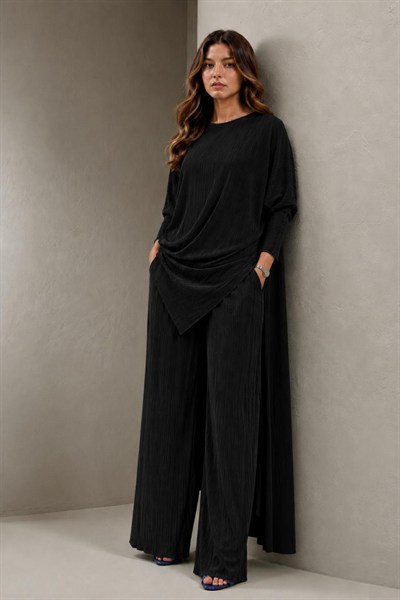 A40066 Aguaje Pilise Detaylı Bağlamalı  Tunik Pantolon Takım / SİYAH