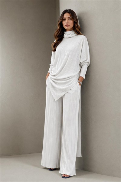 A40066 Aguaje Pilise Detaylı Bağlamalı  Tunik Pantolon Takım / BEYAZ