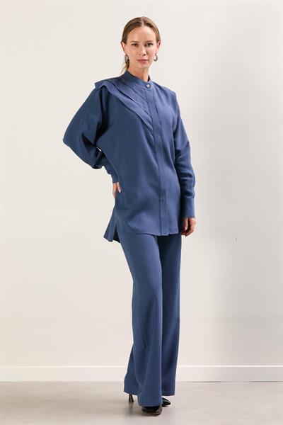 A41645 Aguaje Omuzdan Pileli Tunik Pantolon Takım / İNDİGO