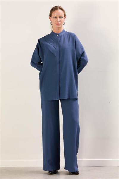 A41645 Aguaje Omuzdan Pileli Tunik Pantolon Takım / İNDİGO