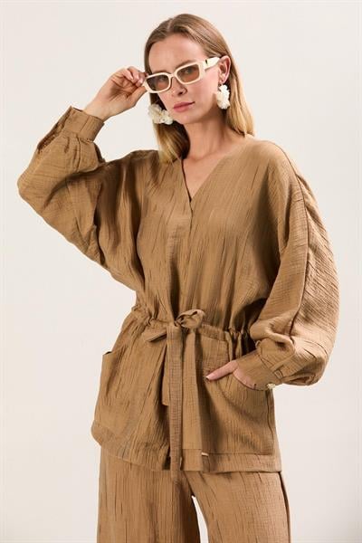 A41655 Aguaje Beli Kuşaklı  Pantolonlu Takım / CAMEL