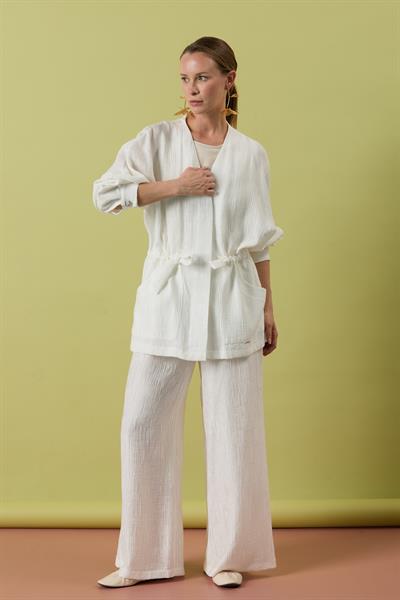 A41655 Aguaje Beli Kuşaklı  Pantolonlu Takım / BEYAZ