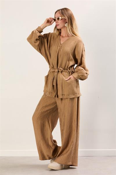 A41655 Aguaje Beli Kuşaklı  Pantolonlu Takım / CAMEL