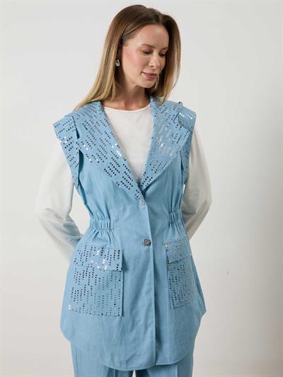 A41785 Aguaje Pul Detaylı Yelek Pantolon Takım / MAVİ