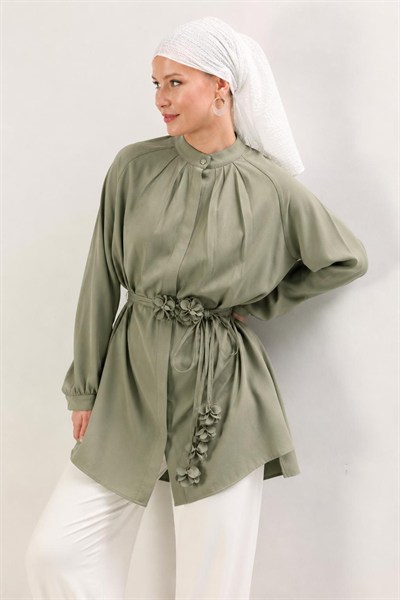 A41815 Aguaje Kuşaklı Hakim Yaka Tunik / HAKİ