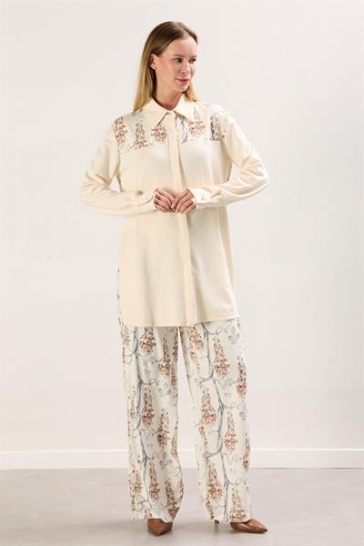 A41845 Aguaje Desenli Garnili Gömlek Pantolon Takım / KREM
