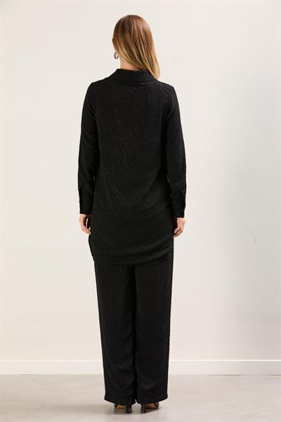 A41885 Aguaje Yakma Şifon Pantolonlu Takım / SİYAH
