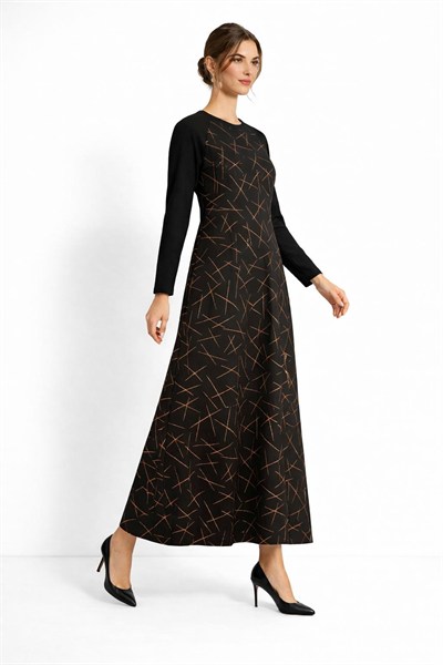 A501355 Aguaje Baskı Detaylı Uzun Elbise / GOLD