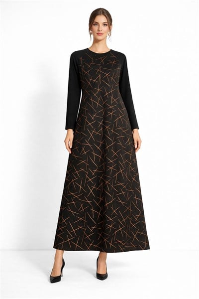 A501355 Aguaje Baskı Detaylı Uzun Elbise / GOLD