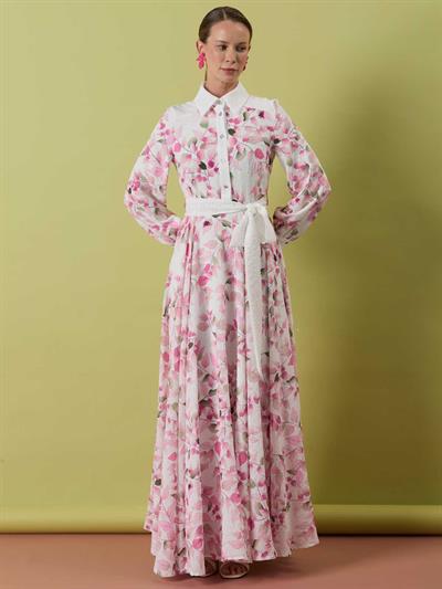 A50305 Aguaje Desenli Beli Kuşaklı Elbise / PEMBE