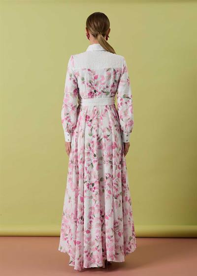A50305 Aguaje Desenli Beli Kuşaklı Elbise / PEMBE