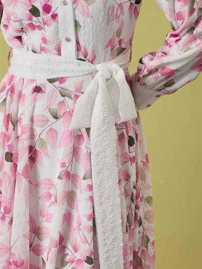 A50305 Aguaje Desenli Beli Kuşaklı Elbise / PEMBE